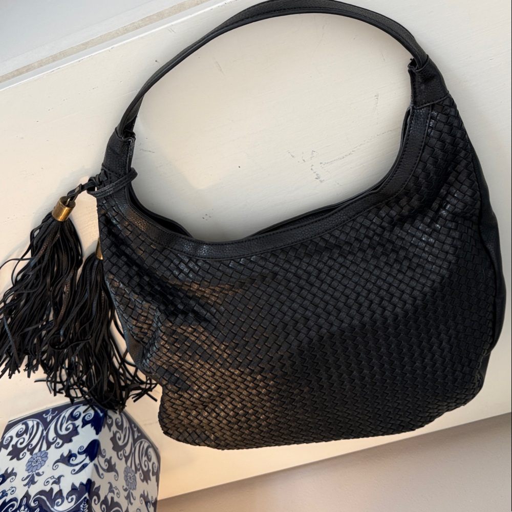 Black Woven Shoulder Bag with Tassels